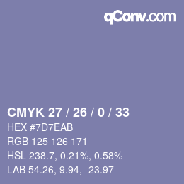 Color code: CMYK 27 / 26 / 0 / 33 | qconv.com