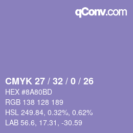 カラーコード: CMYK 27 / 32 / 0 / 26 | qconv.com