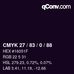 Color code: CMYK 27 / 83 / 0 / 88 | qconv.com