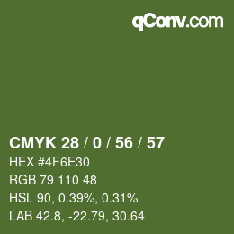 Color code: CMYK 28 / 0 / 56 / 57 | qconv.com