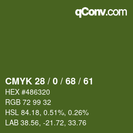 Color code: CMYK 28 / 0 / 68 / 61 | qconv.com