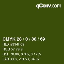 Color code: CMYK 28 / 0 / 88 / 69 | qconv.com
