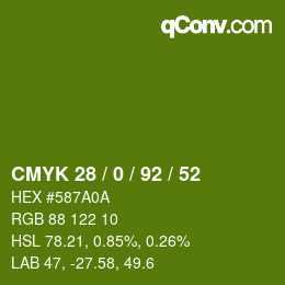 カラーコード: CMYK 28 / 0 / 92 / 52 | qconv.com