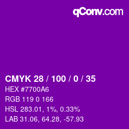 カラーコード: CMYK 28 / 100 / 0 / 35 | qconv.com