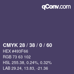 Code couleur: CMYK 28 / 38 / 0 / 60 | qconv.com