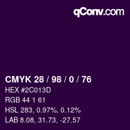 カラーコード: CMYK 28 / 98 / 0 / 76 | qconv.com