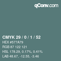 Color code: CMYK 29 / 0 / 1 / 52 | qconv.com