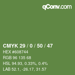 Farbcode: CMYK 29 / 0 / 50 / 47 | qconv.com