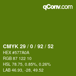 颜色代码: CMYK 29 / 0 / 92 / 52 | qconv.com