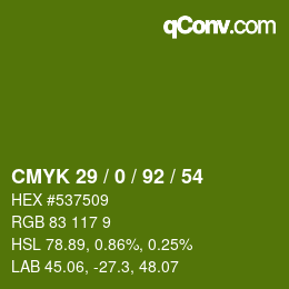Color code: CMYK 29 / 0 / 92 / 54 | qconv.com
