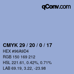 Farbcode: CMYK 29 / 20 / 0 / 17 | qconv.com