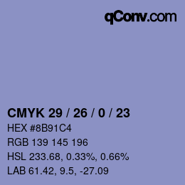 カラーコード: CMYK 29 / 26 / 0 / 23 | qconv.com