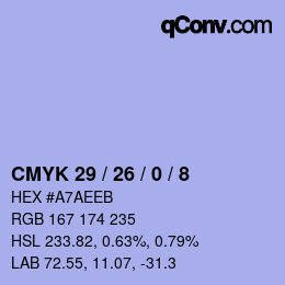 カラーコード: CMYK 29 / 26 / 0 / 8 | qconv.com