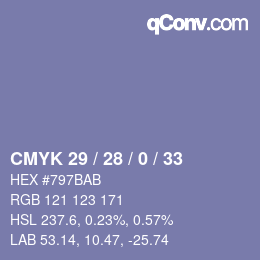 カラーコード: CMYK 29 / 28 / 0 / 33 | qconv.com