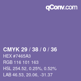 Farbcode: CMYK 29 / 38 / 0 / 36 | qconv.com