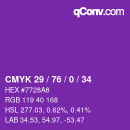 Color code: CMYK 29 / 76 / 0 / 34 | qconv.com