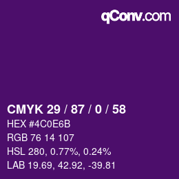 カラーコード: CMYK 29 / 87 / 0 / 58 | qconv.com