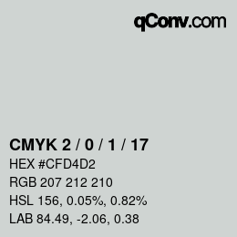 Farbcode: CMYK 2 / 0 / 1 / 17 | qconv.com