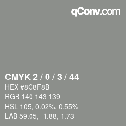 カラーコード: CMYK 2 / 0 / 3 / 44 | qconv.com