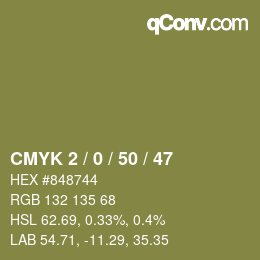 カラーコード: CMYK 2 / 0 / 50 / 47 | qconv.com