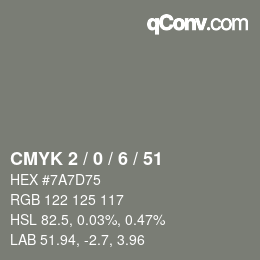 Código de color: CMYK 2 / 0 / 6 / 51 | qconv.com