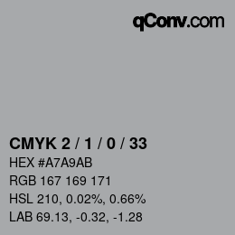 カラーコード: CMYK 2 / 1 / 0 / 33 | qconv.com