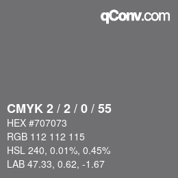 カラーコード: CMYK 2 / 2 / 0 / 55 | qconv.com