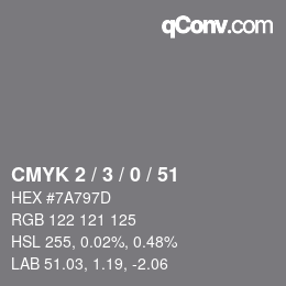 カラーコード: CMYK 2 / 3 / 0 / 51 | qconv.com
