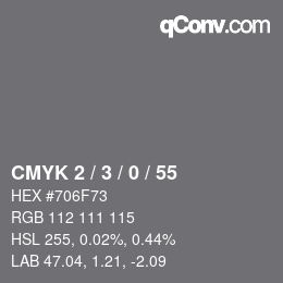 カラーコード: CMYK 2 / 3 / 0 / 55 | qconv.com