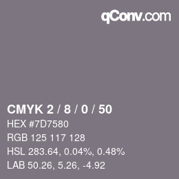 Farbcode: CMYK 2 / 8 / 0 / 50 | qconv.com