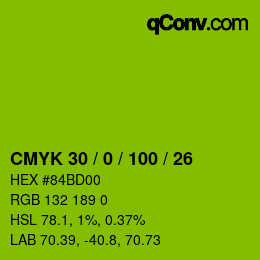 カラーコード: CMYK 30 / 0 / 100 / 26 | qconv.com