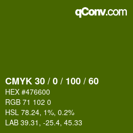 颜色代码: CMYK 30 / 0 / 100 / 60 | qconv.com