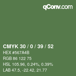 Farbcode: CMYK 30 / 0 / 39 / 52 | qconv.com