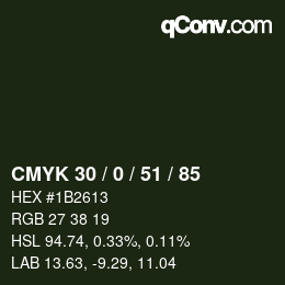 Code couleur: CMYK 30 / 0 / 51 / 85 | qconv.com