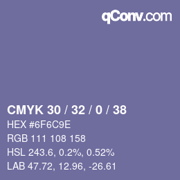 Farbcode: CMYK 30 / 32 / 0 / 38 | qconv.com