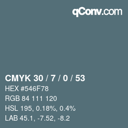 Code couleur: CMYK 30 / 7 / 0 / 53 | qconv.com