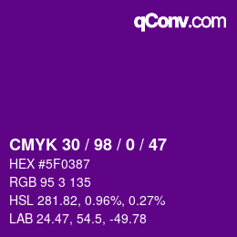 カラーコード: CMYK 30 / 98 / 0 / 47 | qconv.com