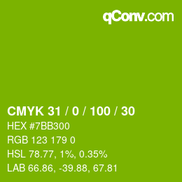 颜色代码: CMYK 31 / 0 / 100 / 30 | qconv.com