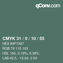 Code couleur: CMYK 31 / 0 / 10 / 55 | qconv.com