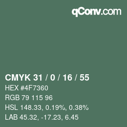 カラーコード: CMYK 31 / 0 / 16 / 55 | qconv.com