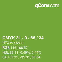 カラーコード: CMYK 31 / 0 / 66 / 34 | qconv.com