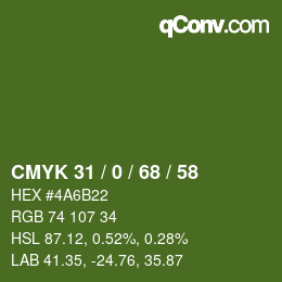 Color code: CMYK 31 / 0 / 68 / 58 | qconv.com