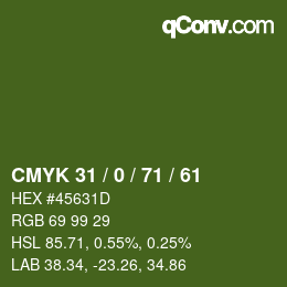 Farbcode: CMYK 31 / 0 / 71 / 61 | qconv.com