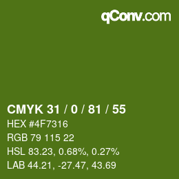 Color code: CMYK 31 / 0 / 81 / 55 | qconv.com