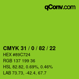 カラーコード: CMYK 31 / 0 / 82 / 22 | qconv.com