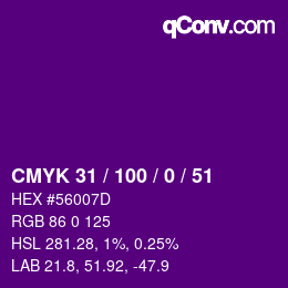 颜色代码: CMYK 31 / 100 / 0 / 51 | qconv.com