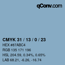 Farbcode: CMYK 31 / 13 / 0 / 23 | qconv.com