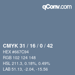 Farbcode: CMYK 31 / 16 / 0 / 42 | qconv.com