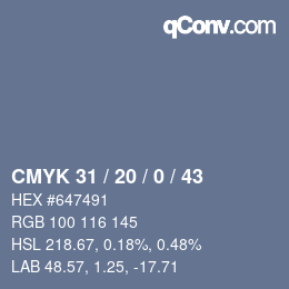 Code couleur: CMYK 31 / 20 / 0 / 43 | qconv.com