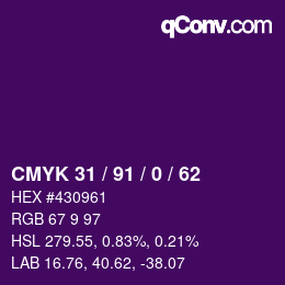 Color code: CMYK 31 / 91 / 0 / 62 | qconv.com